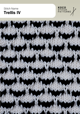 A simple two-colour trellis pattern with soft stacked shapes that add gentle horizontal texture Handknit two-colour trellis pattern with light curved motifs over a dark background