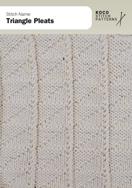 The Triangle Pleats pattern features repeating triangular folds separated by fine ridges Close-up of the Triangle Pleats stitch in cream yarn, showing rows of raised triangles divided by narrow vertical lines