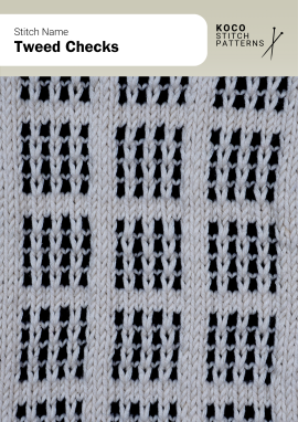 A two-colour check pattern with staggered blocks that create a clean, modern tweed effect Handknit two-colour tweed check pattern with dark rectangular blocks on a light background