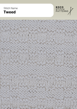 The Tweed pattern alternates smooth and textured rows for a subtle woven look Close-up of the Tweed stitch in cream yarn, showing alternating ridged and flat horizontal bands