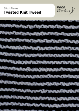 A two-colour tweed pattern with twisted stitches that create soft, textured horizontal stripes Handknit twisted knit tweed pattern with light textured rows over a dark background