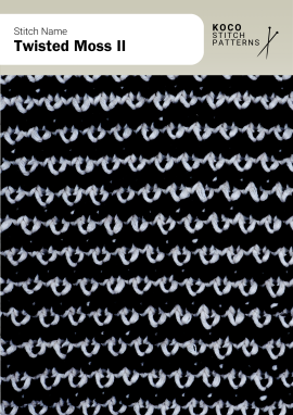 A textured two-colour pattern where twisted stitches form soft, scalloped horizontal bands Handknit twisted moss pattern with light wavy textured rows over a dark background