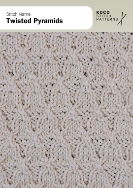The Twisted Pyramids pattern forms interlocking diamond shapes with raised texture Close-up of the Twisted Pyramids stitch in cream yarn, showing raised diamond shapes made with twisted lines
