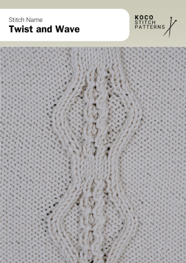 The Twist and Wave stitch combines soft cable curves with textured twists for rhythmic movement Close-up of the Twist and Wave stitch in cream yarn, showing wavy cables framing a central twisted texture