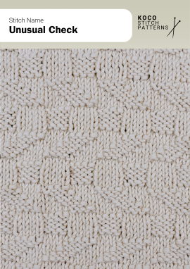 The Unusual Check pattern creates a bold grid with shifting rectangular blocks Close-up of the Unusual Check stitch in cream yarn, showing offset rectangular blocks forming a textured grid
