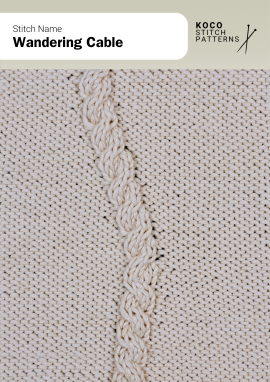 The Wandering Cable stitch features a narrow cable that gently shifts direction for subtle movement Close-up of the Wandering Cable stitch in cream yarn, showing a narrow cable gently curving across a textured background