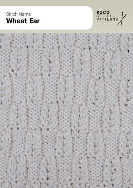 The Wheat Ear pattern mimics rows of wheat stalks with elegant vertical twists Close-up of the Wheat Ear stitch in cream yarn, showing vertical twisted columns resembling wheat stalks